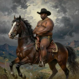 a dramatic ethereal epic painting of a handsome black chubby cowboy riding a stallion | background is thunderclouds and mountains | homoerotic, art deco, art nouveau, highly detailed | by Mark Maggiori | trending on artstation