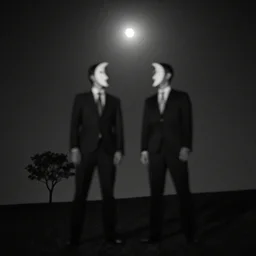 low - angle, fuzzy, black and white liminal, photograph of two men in suits wearing crescent moon masks on a small hill, single tree visible, moonlit, dark, night, night time.