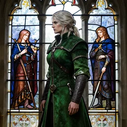 pretty and detailed side - view portrait of triss from the witcher 3, long green coat, tenth century stained glass window, very masterful