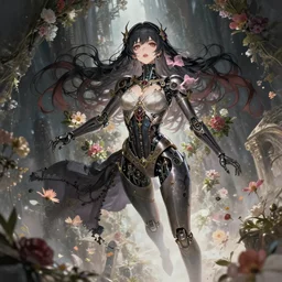 detailed, sharp, dreaming humanoid female automata wearing gothic ornament surrounded by flowers floating in above a dystopia by Ilya Kuvshinov, digital art, surreal, trending on artstation, anime arts, featured on Pixiv, HD, 8K, highly detailed, good lighting, beautiful, epic, masterpiece