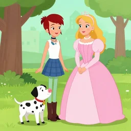 punk girl and duchess with a dalmatian piglet in a park. comic style