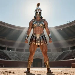 large and strong female gladiator standing in the arena, muscular, robust and mighty, full steel helmet, low angle, sunshafts, by donato giancola and ralph horsley, centered, soft lighting, detailed