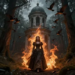 A Neoclassical tower with dome on a magical gloomy mystical forest, the elf gothic princess is walking in this place, there is also a flock of birds flying. By Konstantin Razumov, Fractal flame, chiaroscuro, highly detailded