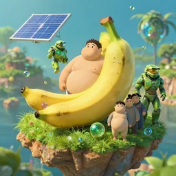 studio ghibli, banana, island, fat humans, solar, green technology, optimist future by asher durand. intricate artwork by tooth wu and wlop and beeple and dan mumford and greg rutkowski and nekroxiii. halo. octane render, cinematic, hyper realism, octane render, 8 k, depth of field, bokeh. iridescent accents. vibrant