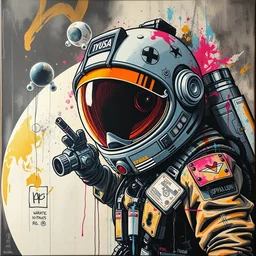 space explorer as graffiti art on canvas, high detail, matte finish, trending on artstation, ghetto, masterpiece, sharp focus, centered, high quality paint