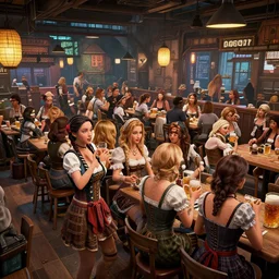 crowded cyberpunk oktoberfest beer hall, several pretty women, by BROM, by Greg Rutkowski, by Milo Manara, 3d scene, render, ultra realistic, artstation, cgsociety, level design, unreal engine, 3d scene, zenith view