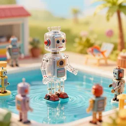 closeup profile portrait of tin toy transparent robots in a swimming pool, nicoletta ceccoli, mark ryden, lostfish, max fleischer, depth of field, detailed and intricate environment, golden hour, 8 k resolution, hyperrealistic, octane render, vivid colors, bright, cheerful, detailed and intricate retro environment