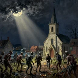 zombies, innsmouth, fishing town, church, night, dramatic light, lovecraft, painted by caspar david friedrich