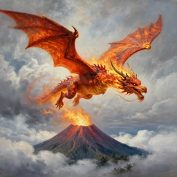 a highly detailed oil painting of a huge ancient fire dragon flying through the cloudy sky over a volcano, by afremov