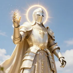 a holy knight in ornate godly armor made of ivory, harnessing holy light, vfx, particles, realistic 8k octane render, unreal engine, sunny day, clear sky, noon, God rays, post processing