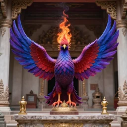 single centered fire bird rising up in the middle of a temple's altar, realistic, detailed, purple red blue colors,
