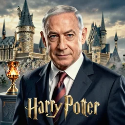 benjamin netanyahu in harry potter movie poster, philosopher's stone, goblet of fire, hogwarts, highly detailed, by drew struzan and bruce pennington