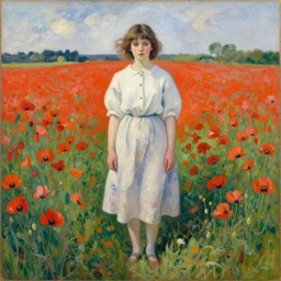 a painting of a girl standing in a field of poppies by zdzisław beksiński