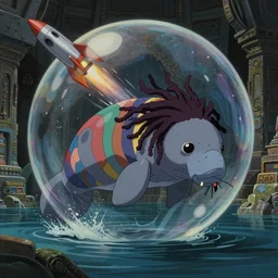 hyperrealist, studio ghibli dull colors painting from close encounters of the third kind 1 9 7 7 of a warped multi - colored manatee with dreadlocks rocketing out of a bubble in a flooded temple.