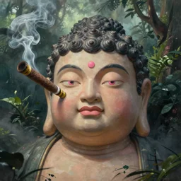 hyperrealist closeup painting of a giant fat buddha with pink eyes from howl's moving castle ( 2 0 0 4 ) smoking a huge blunt in the sky high above the jungle. moody, misty, depth perception.