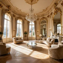 High-quality DSLR photo of the living room of a baroque mansion in Monaco, wide angle lens, long shadows, beams of sunlight