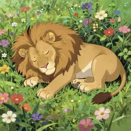 lion sleeping on flowers, makoto shinkai