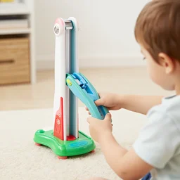 a kid plays with his Fisher Price guillotine