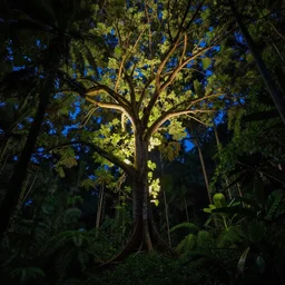an hd dslr photo art of a big tree glowing in dark jungle at night, enormously detailed