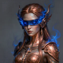 stunning blind goddess of copper smithing portrait, steel, dark blue flames, smoke, fantasy, intricate, elegant, highly detailed, digital painting, artstation, concept art, smooth, sharp focus, illustration, art by afshar petros and krenz cushart and artem demura and tony sandoval
