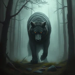 a painting of a big werewolf in a foggy dense forest by greg rutkowski, dark fantasy art, high detail, trending on artstation