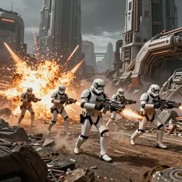 action photography, fast paced, imperial commando troopers traversing through rough terrain, blaster fire, explosions, total chaos, sci fi alien world, 2 d digital, concept art, photoshop, trending on artstation, star wars, hd, 8 k, hyperrealist, groundbreaking, breathtaking, award winning, awe inspiring, octane render, arnold render, cinema 4 d, unreal engine 5, ultra detailed