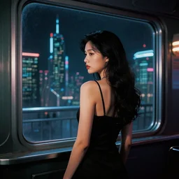 portrait back of realistic girl in 7 0's retro club, editorial, fashion, window, realistic, vintage, night, blade runner, dark, clean lines, asian futuristic city in distance, cinematic angle