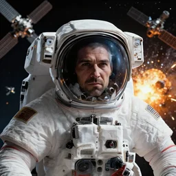 hyperrealistic mixed media image of skyrim elder scrolls astronaut in space, satellites exploding, stunning 3 d render inspired art by greg rutkowski and xiang duan and thomas eakes, perfect facial symmetry, flesh texture, realistic, highly detailed attributes and atmosphere, dim volumetric cinematic lighting, 8 k octane detailed render, post - processing, masterpiece,