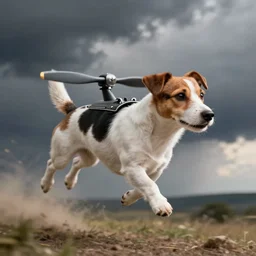 flying jack russell terrier with propeller on it's back flying, digital art