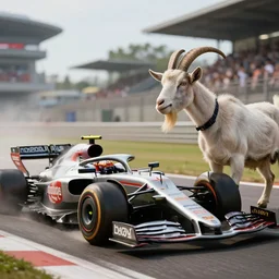 a battle of epic proportions between a goat and a f1 driver ultrarrealistic