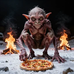 gollum smeagol grotesque crouching over a pizza, feet deep in the snow, looking in camera, backlight, black sky, fire burning, ultra detailed, hyper realistic, wide shot, by beksinski, giger, greg rutkowski