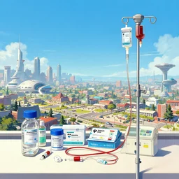 An amazing illustration of a futuristic military in a small town, by Frank Miller. Cinematic. Bright color palette. Wide angle. Clean lines. Balanced composition. Infusion & IV Supplies: IV Catheters, Blood Collection Kits. IV Infusion, IV Therapy, IV Medical Supplies