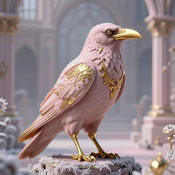 dreamlike luxury gothic raven, pale pink and gold, 8 k realistic, hyperdetailed, beautiful lighting, detailed background, depth of field, frostbite 3 engine, cryengine,