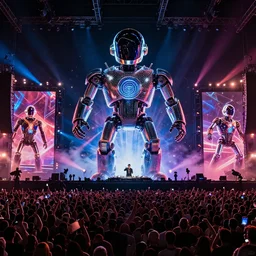 the year of 2 0 4 9, the coolest edm show, 1 0 0 0 peoples watch the dj lives, huge digital robot on the middle of the stage, dance music show, daft punk,