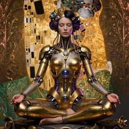 photo of a beautiful female meditating steampunk cyborg, is connected with glowing devices, artwork by james jean, hyperdetailed realistic gold and purple metallic, jean delville, art nouveau, gustav klimt, ornate copper patina gothic icon, james jean, ultrasharp hyperdetailed photorealistic octane render, half shot