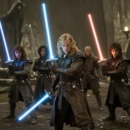 A scene from Lord of the Rings, all characters have lightsabers, weta workshop, high quality, movie scene