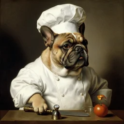 fat french bulldog chef by leonardo da vinci painting classical art impressionist masterpiece