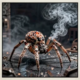 an adorable spider exhaling smoke in a smoke filled room, comic art, ultra high resolution, high detail, particle reflections, surface reflections, poster, 1972