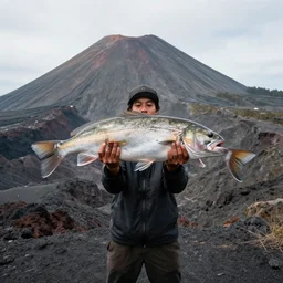 a person holding a large fish over his head in a volcano