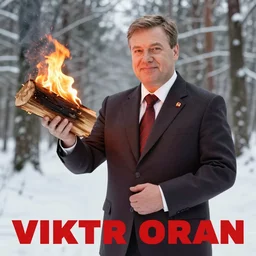soviet poster of viktor orban, holding a burning wood piece, winter forest in background