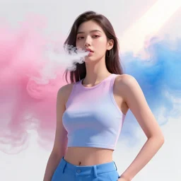 3 d, pink and blue smoke, sun rays, confident fashion model, smoke from mouth, sweat skin, glare, liquid black metal, yellow flowers, poster art, high detail, intricate oil painting, multiple exposure, white mood, hyperrealism, 3 d, by tooth wu and wlop and beeple and greg rutkowski