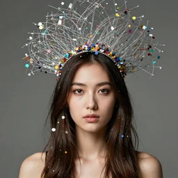 a woman with a headdress made of confetti and wire, 4k photo