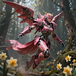 a female saints made of mecha daffodils is flying in the fantasy forest, daniel, intricate mechanical details, futuristic, 2 k aesthetic, dramatic lighting, concept art, 4 k, 3 d octane render, pink and red colors, provenance, detailed, trending on artstation