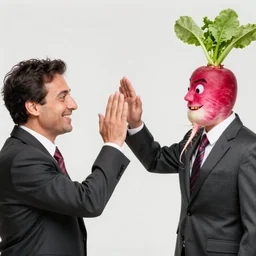 hilarious stock photo of a radish with a face wearing a suit on a man's body, high fiving another person's face