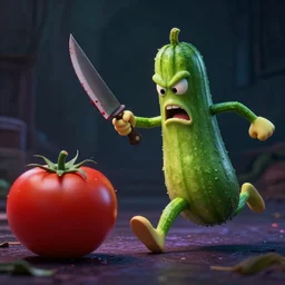 detailed 3 d render of an angry zucchini character with a bloody knife in his hand, running angrily after a tomato figure scared to death, hyper realistic octane render, dramatic lighting, dark mood, nightmare, surrealism, pixar, disney, cartoon