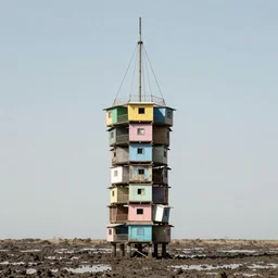 a suspended tower over a quagmire, made up of makeshift squatter shacks with pastel colours, mamiya, 8 5 mm, f 1. 7, fully frontal view, uniform plain sky, photographed by julie blackmon