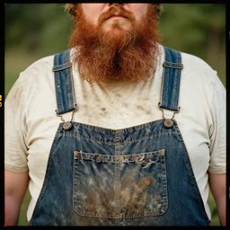 obese redneck man with long beard wearing dirty and tattered overalls shirt, close up, kodak gold 2 0 0,