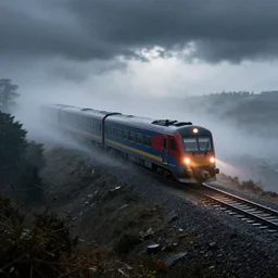 dramatic train on hill riding through rain in fog, dramatic light 8 k