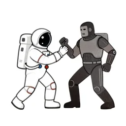 simplistic, basic digital drawing in photoshop of a retro astronaut fighting a vintage cyber man