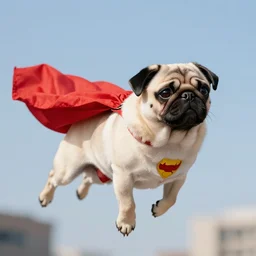 a white pug as a superhero flying though the air, hyper realistic, photorealistic